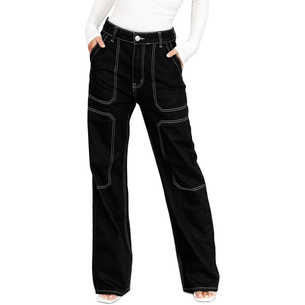 Women's Black Casual Mid Waist Stretch Button Wide Leg Denim Cargo Pants